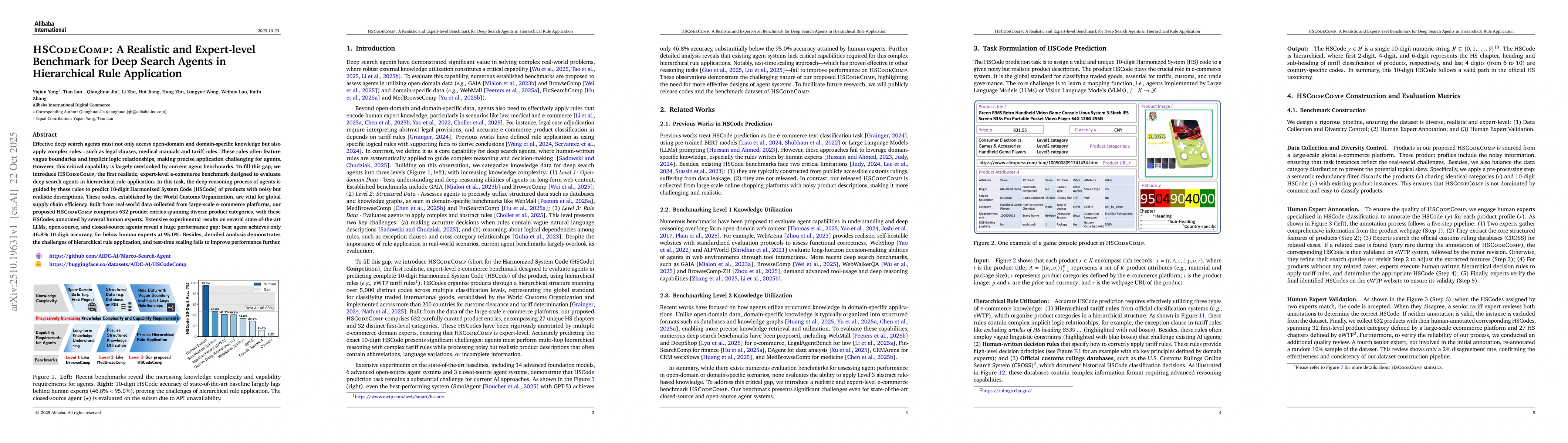 Thumbnail for HSCodeComp: A Realistic and Expert-level Benchmark for Deep Search
  Agents in Hierarchical Rule Application