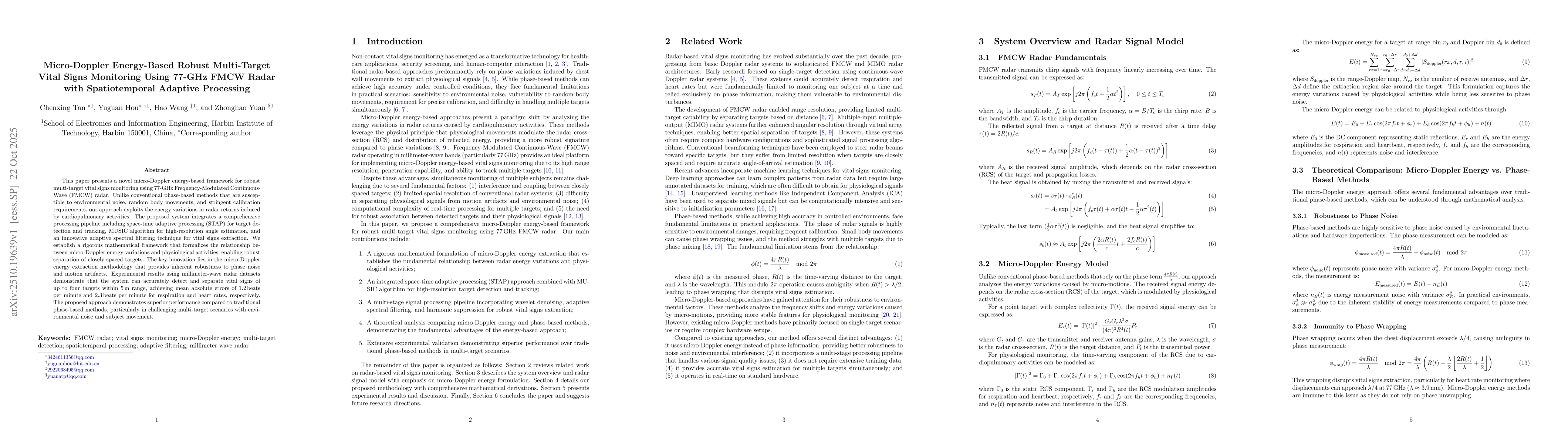 Thumbnail for Micro-Doppler Energy-Based Robust Multi-Target Vital Signs Monitoring
  Using 77-GHz FMCW Radar with Spatiotemporal Adaptive Processing