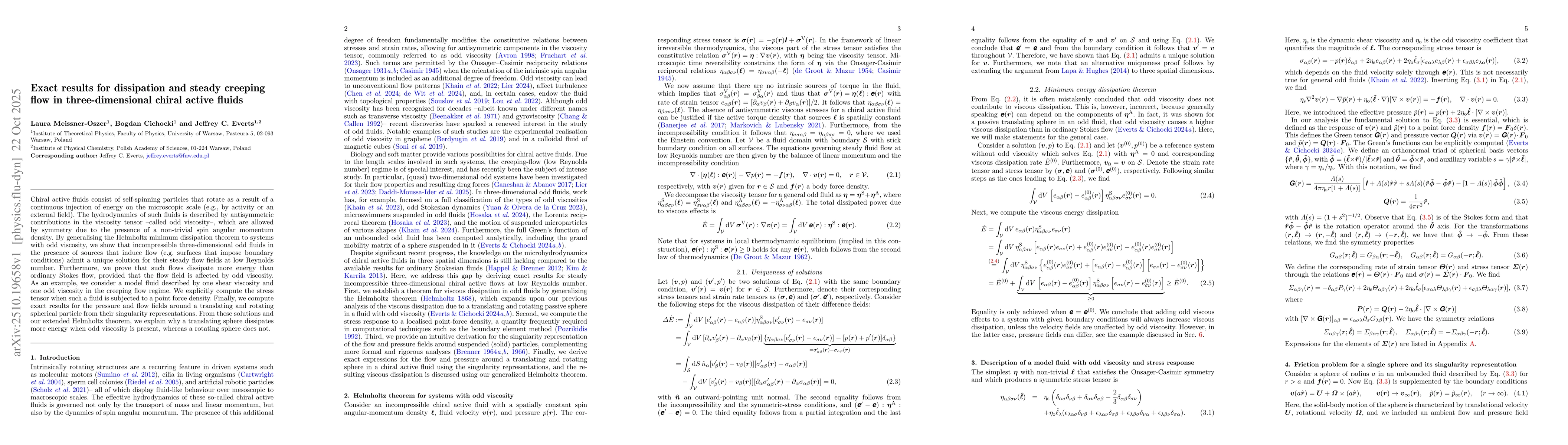 Thumbnail for Exact results for dissipation and steady creeping flow in
  three-dimensional chiral active fluids