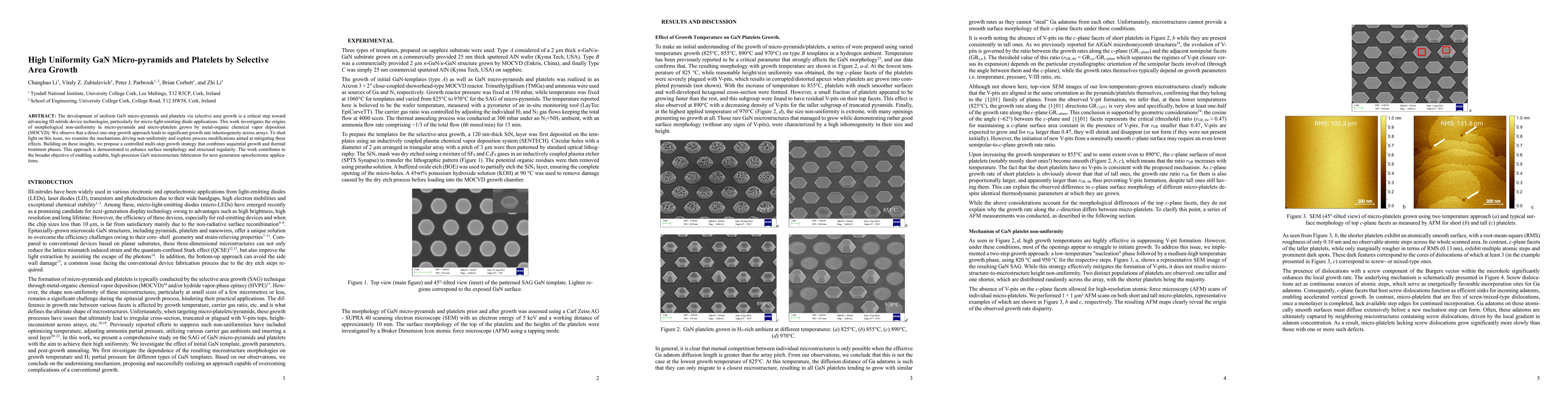 Thumbnail for High Uniformity GaN Micro-pyramids and Platelets by Selective Area
  Growth