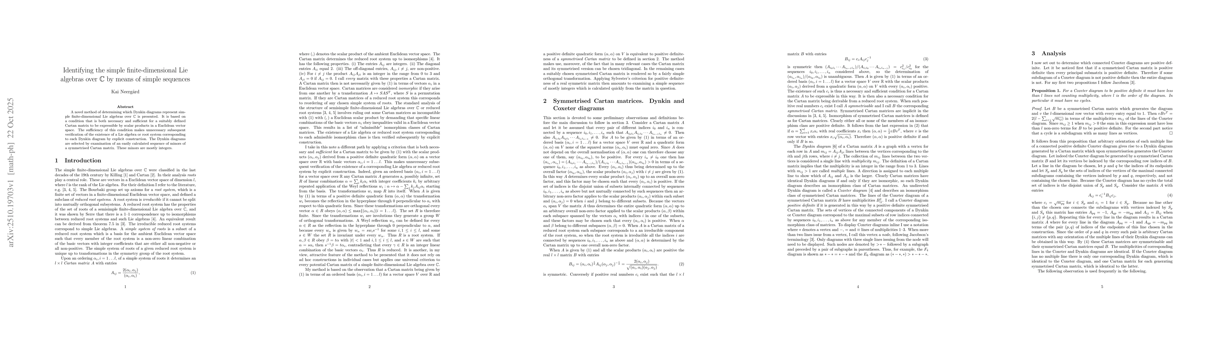 Thumbnail for Identifying the simple finite-dimensional Lie algebras over C by means
  of simple sequences