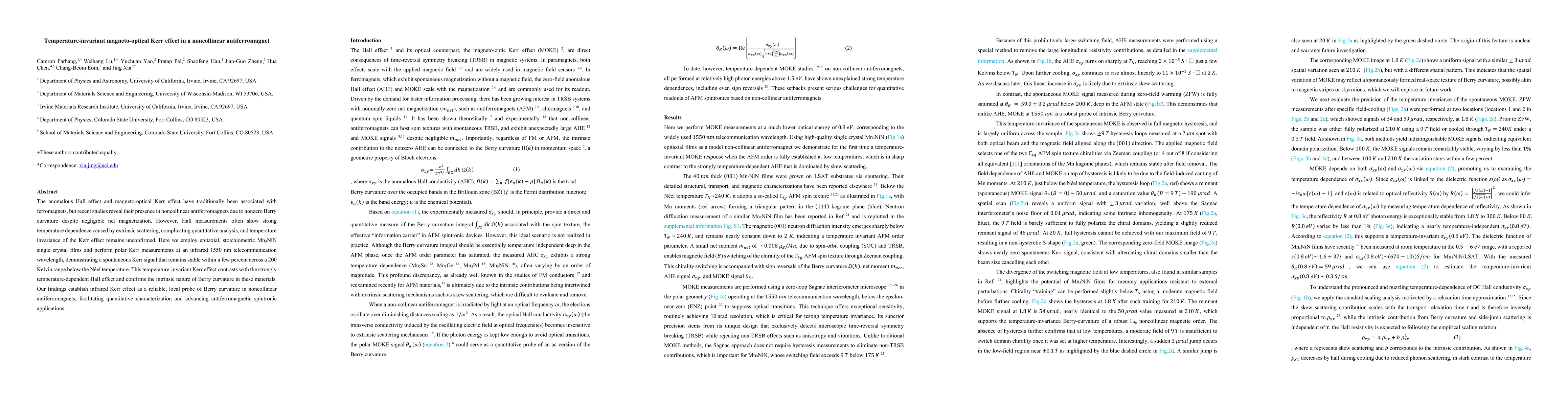 Thumbnail for Temperature-invariant magneto-optical Kerr effect in a noncollinear
  antiferromagnet