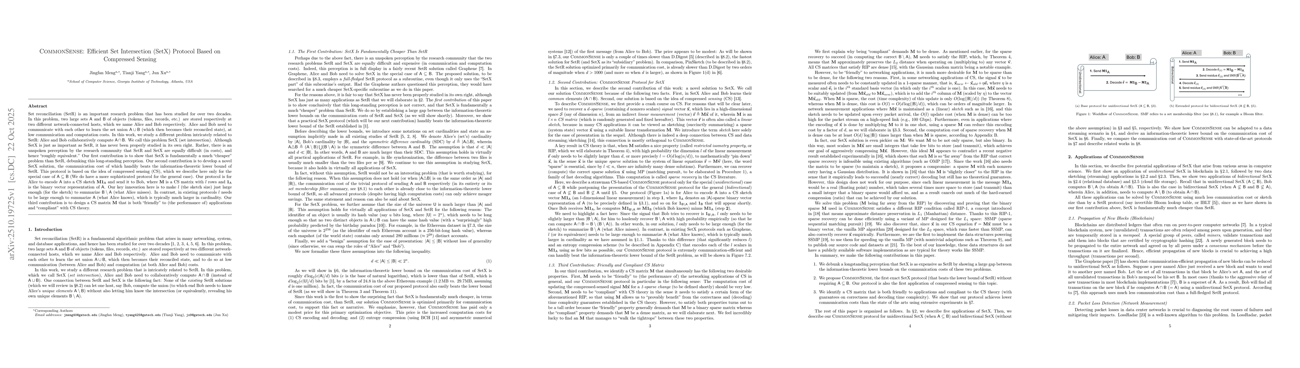 Thumbnail for CommonSense: Efficient Set Intersection (SetX) Protocol Based on
  Compressed Sensing