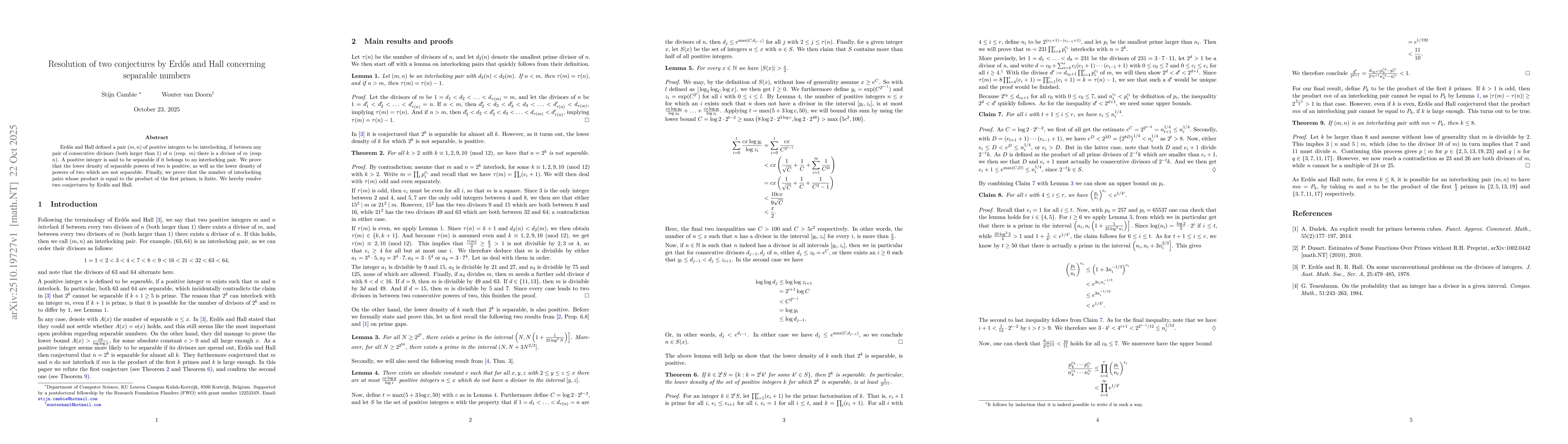 Thumbnail for Resolution of two conjectures by Erdős and Hall concerning separable
  numbers