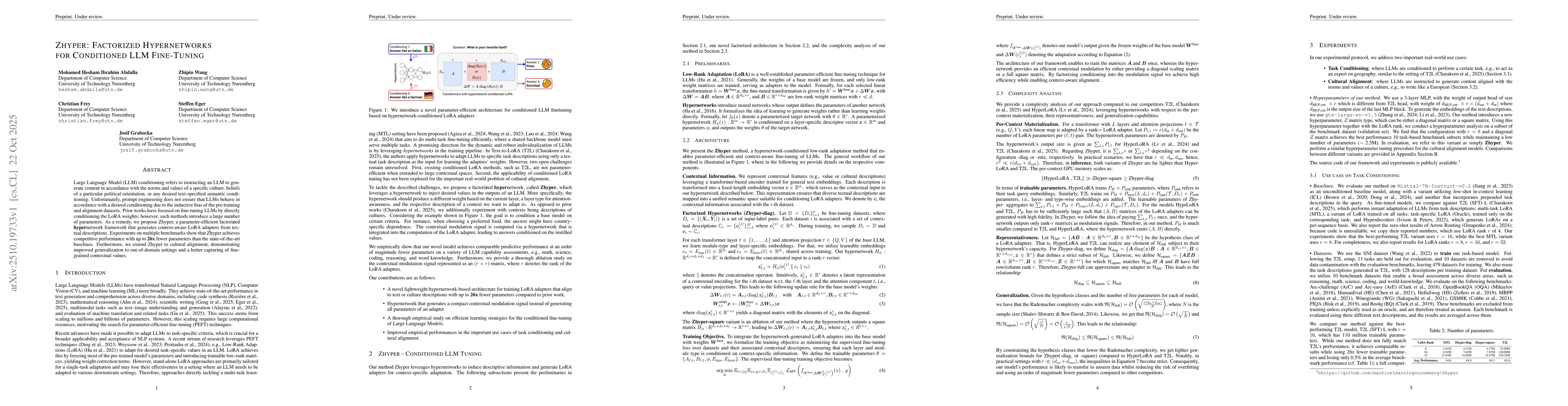 Thumbnail for Zhyper: Factorized Hypernetworks for Conditioned LLM Fine-Tuning