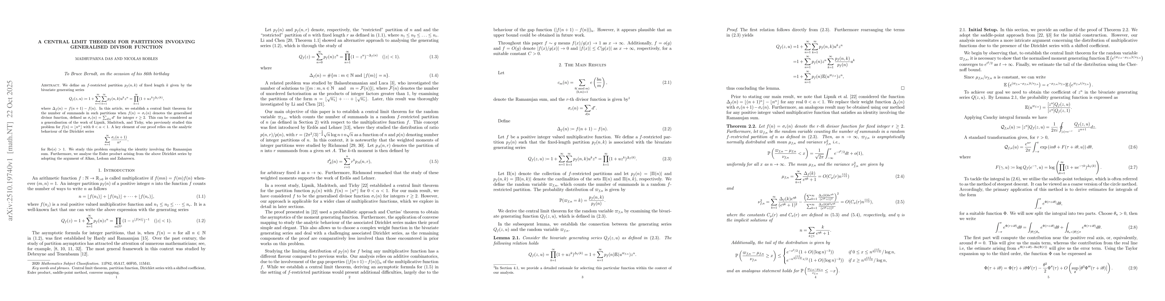 Thumbnail for A central limit theorem for partitions involving generalised divisor
  function