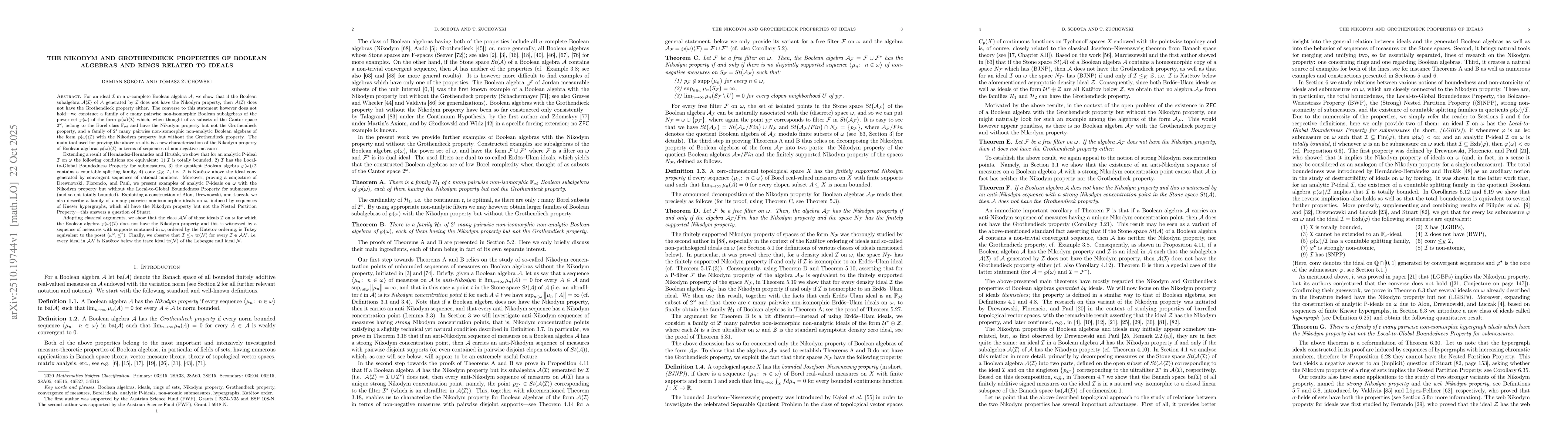 Thumbnail for The Nikodym and Grothendieck properties of Boolean algebras and rings
  related to ideals