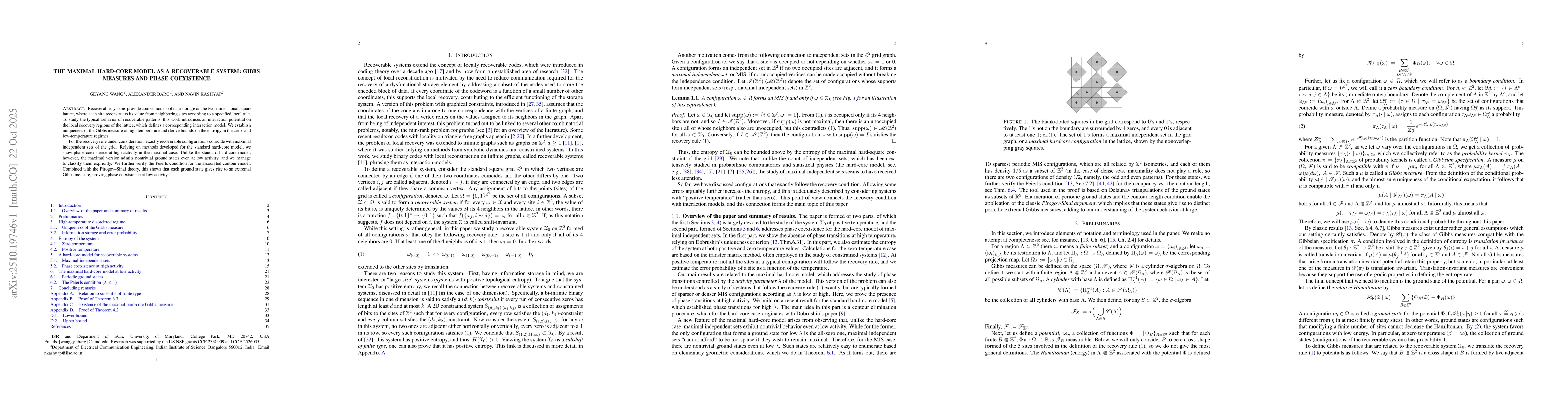 Thumbnail for The maximal hard-core model as a recoverable system: Gibbs measures and
  phase coexistence