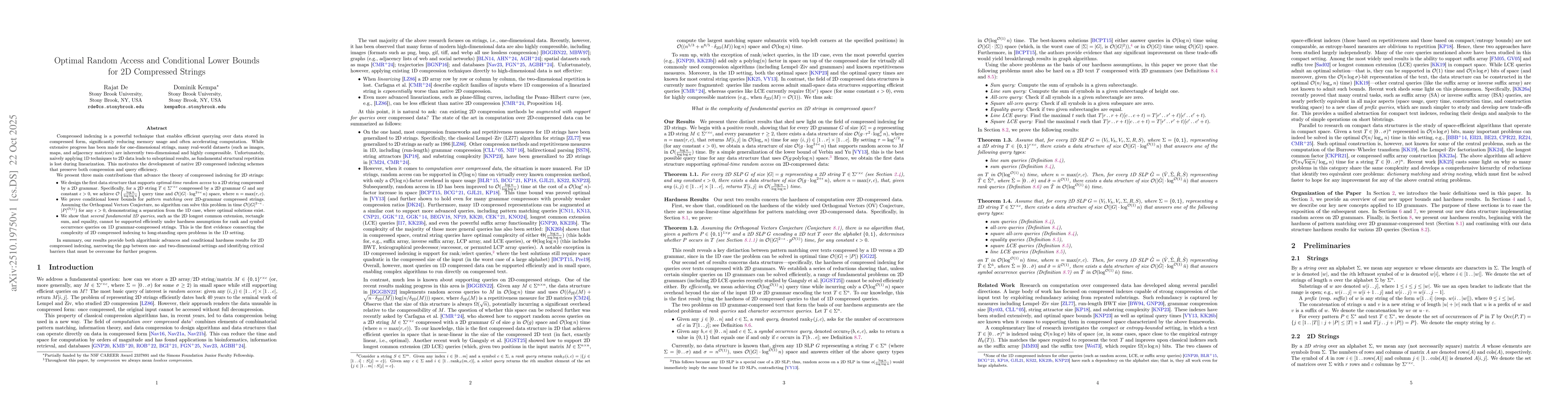 Thumbnail for Optimal Random Access and Conditional Lower Bounds for 2D Compressed
  Strings