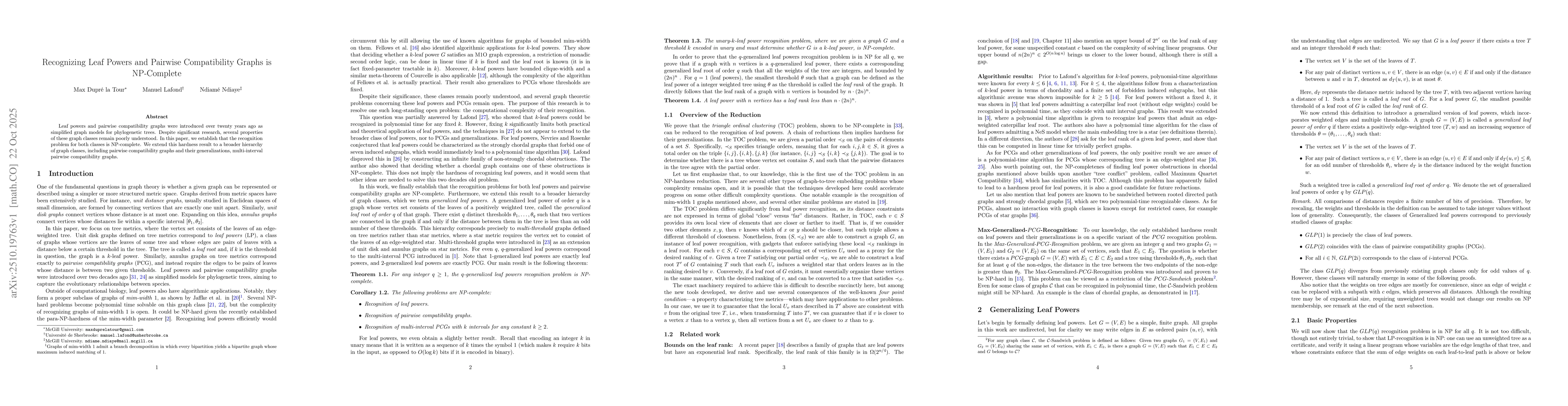 Thumbnail for Recognizing Leaf Powers and Pairwise Compatibility Graphs is NP-Complete