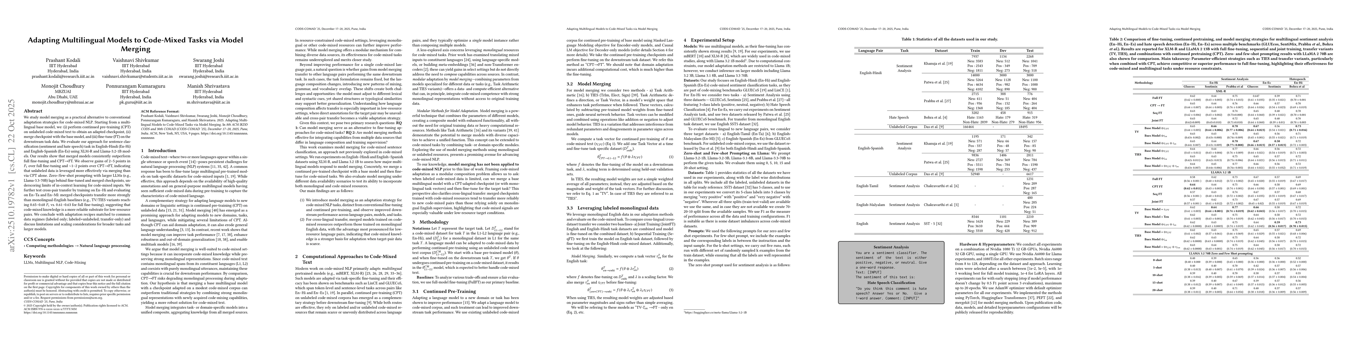 Thumbnail for Adapting Multilingual Models to Code-Mixed Tasks via Model Merging