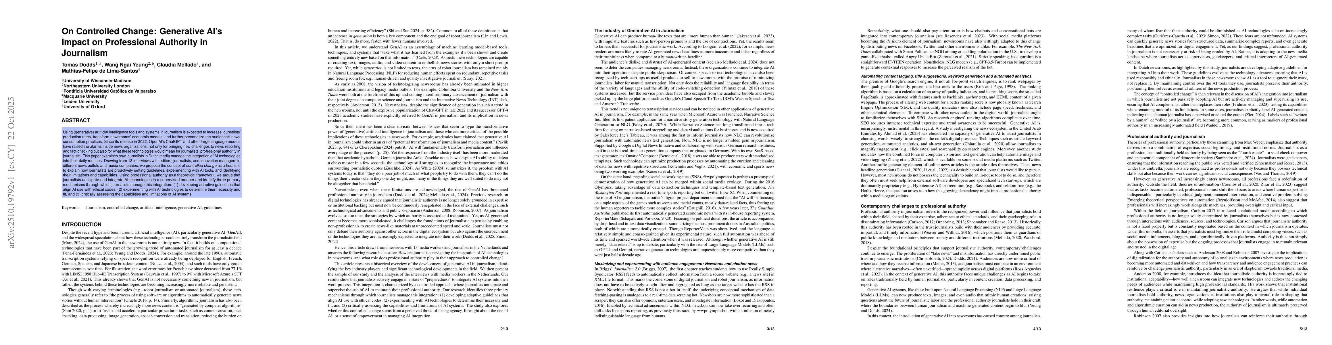 Thumbnail for On Controlled Change: Generative AI's Impact on Professional Authority
  in Journalism