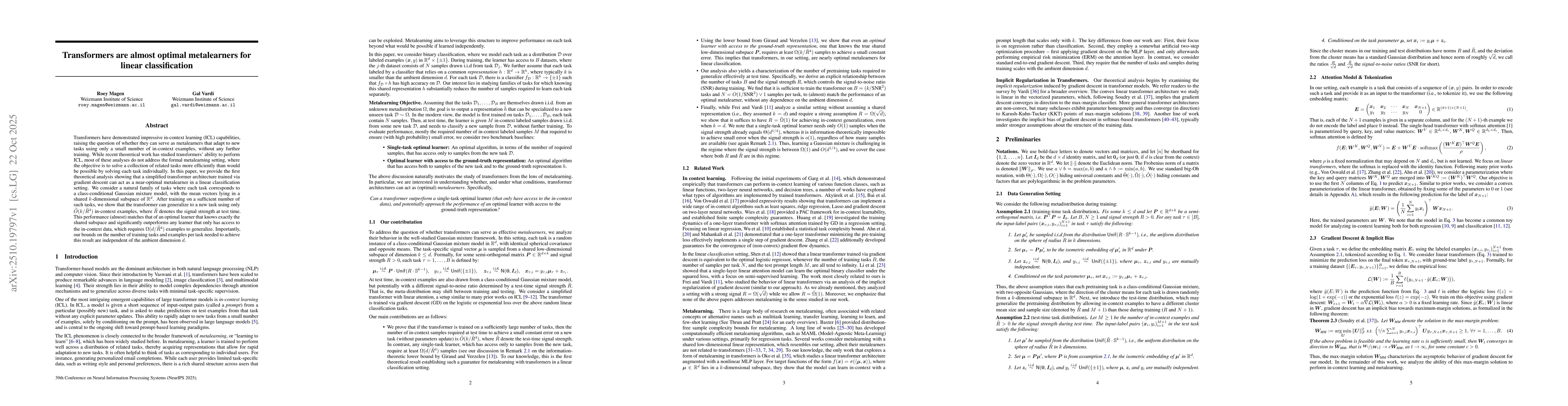 Thumbnail for Transformers are almost optimal metalearners for linear classification