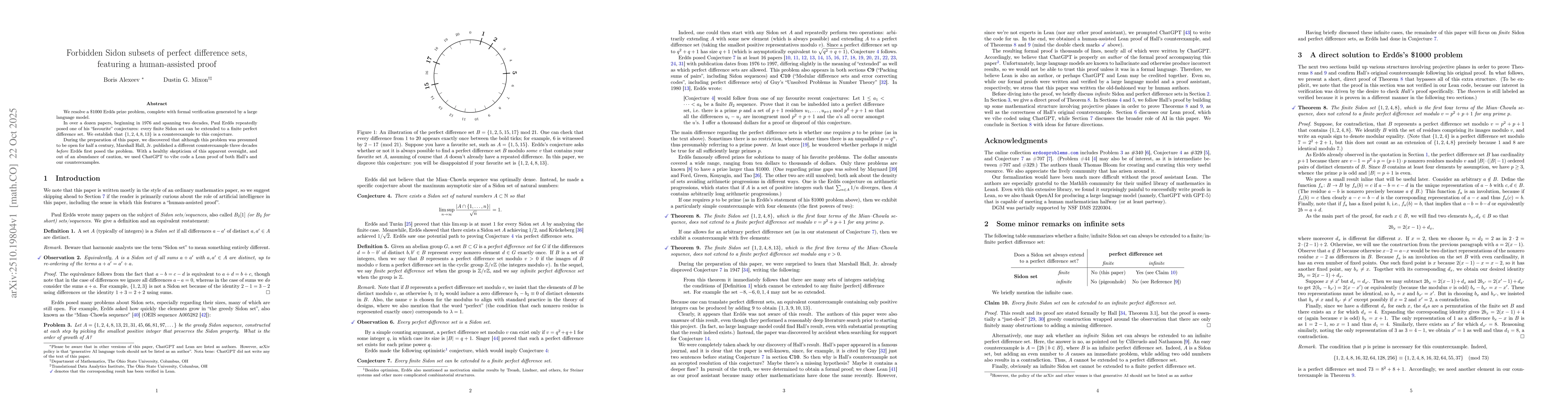 Thumbnail for Forbidden Sidon subsets of perfect difference sets, featuring a
  human-assisted proof