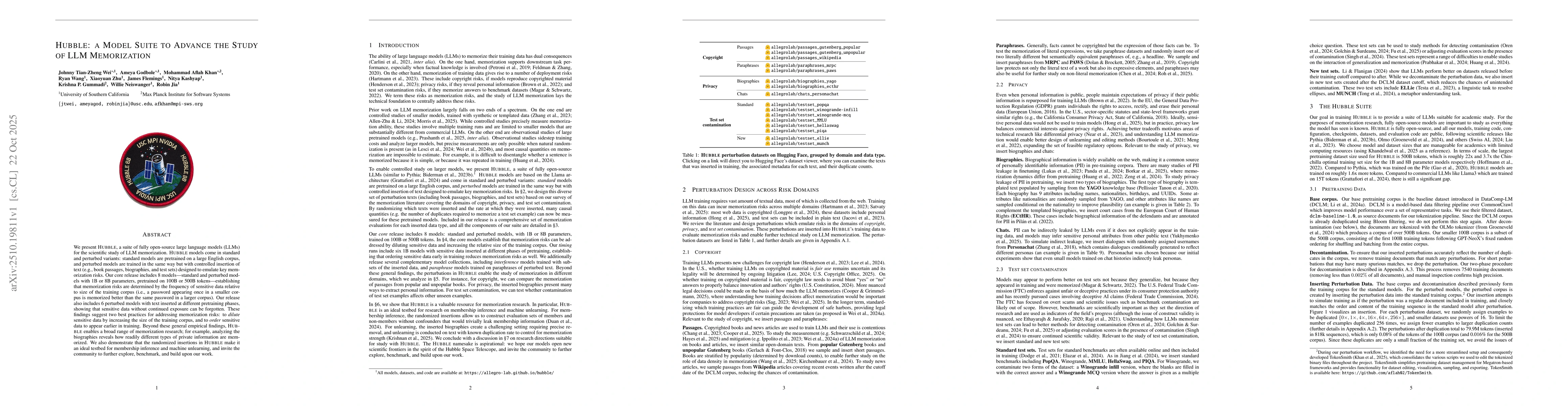 Thumbnail for Hubble: a Model Suite to Advance the Study of LLM Memorization