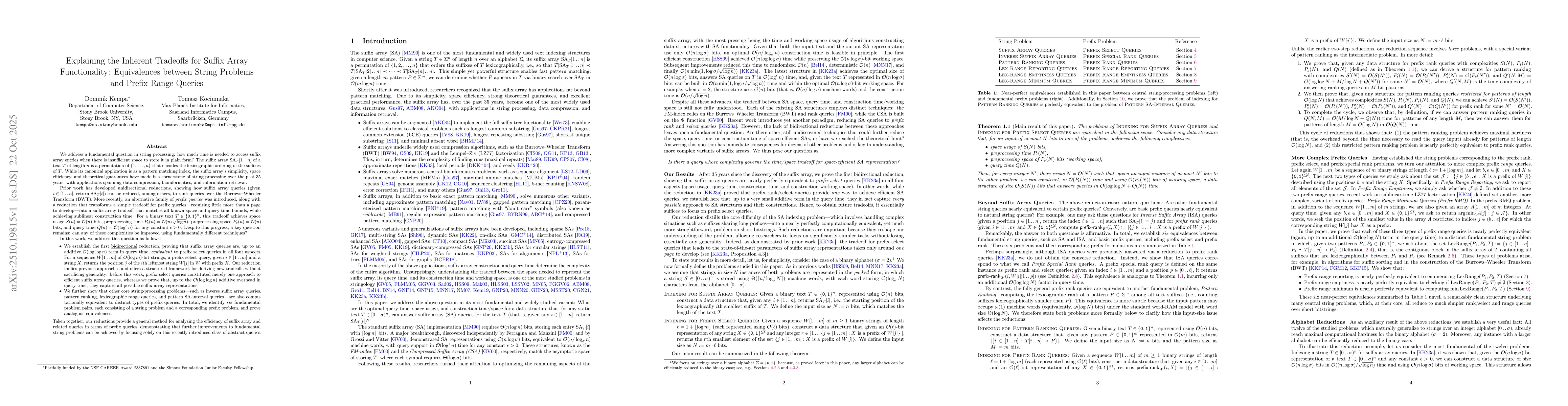 Thumbnail for Explaining the Inherent Tradeoffs for Suffix Array Functionality:
  Equivalences between String Problems and Prefix Range Queries