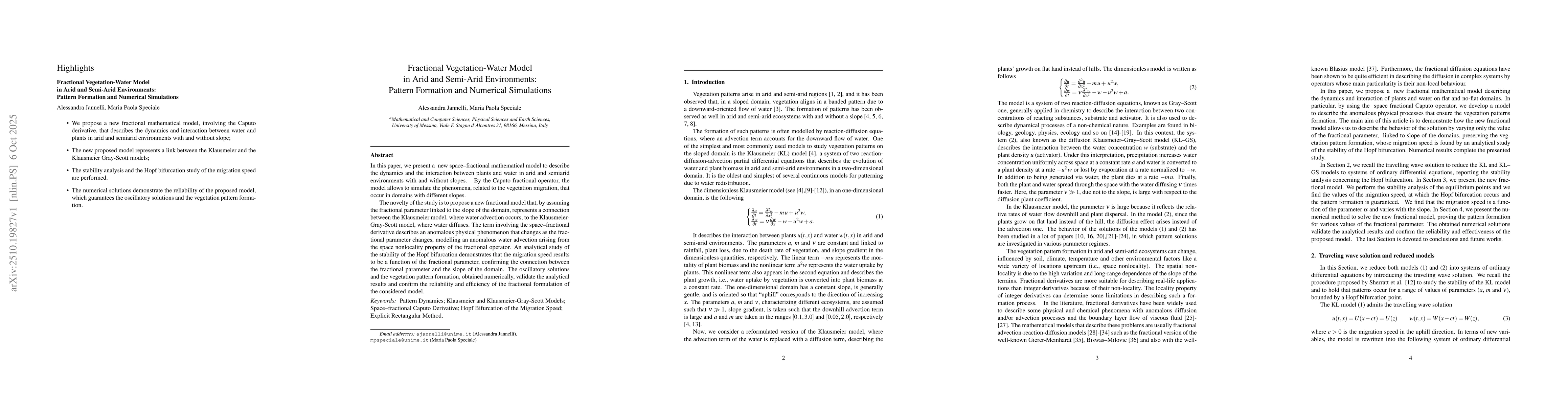 Thumbnail for Fractional Vegetation-Water Model in Arid and Semi-Arid Environments:
  Pattern Formation and Numerical Simulations