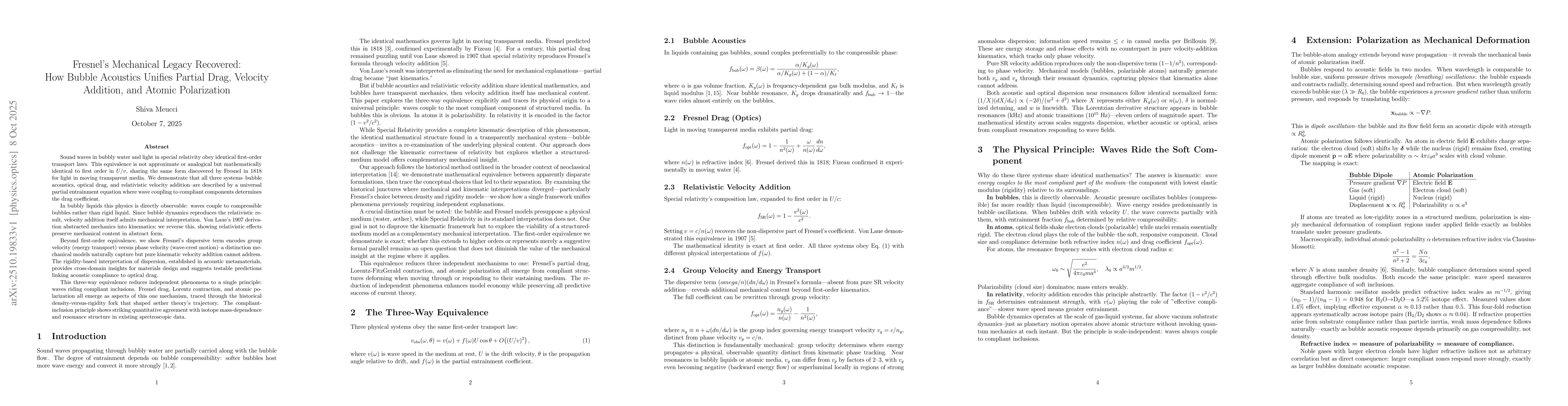 Thumbnail for Fresnel's Mechanical Legacy Recovered: How Bubble Acoustics Unifies
  Partial Drag, Velocity Addition, and Atomic Polarization
