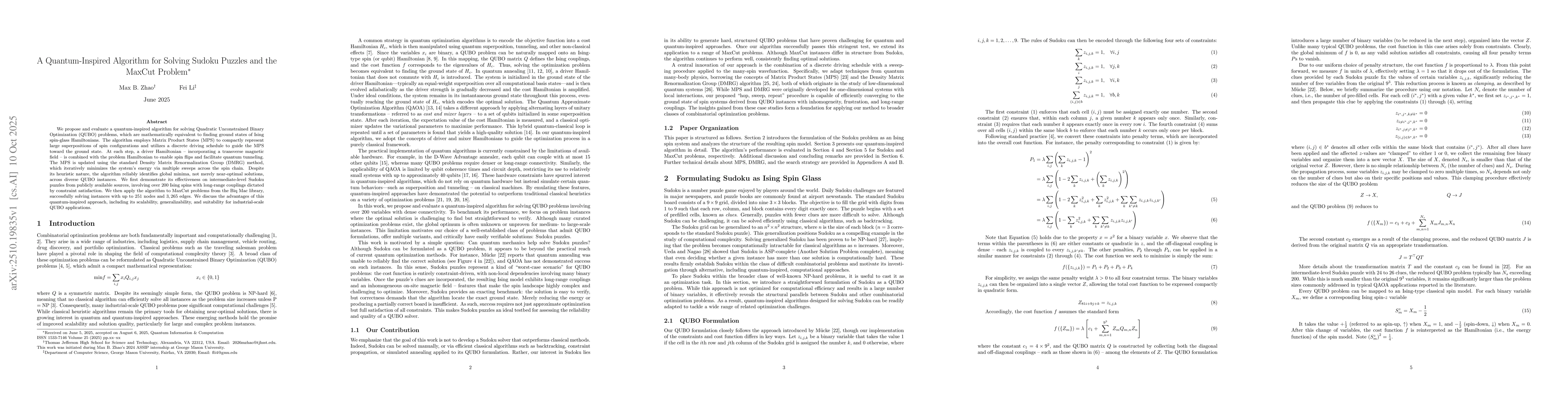 Thumbnail for A Quantum-Inspired Algorithm for Solving Sudoku Puzzles and the MaxCut
  Problem
