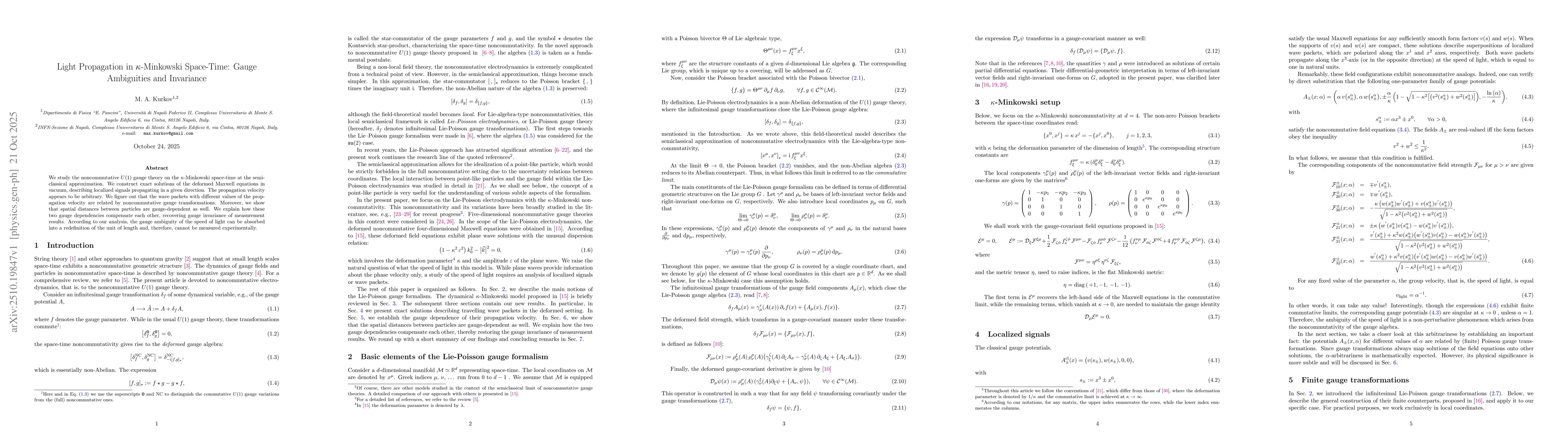 Thumbnail for Light Propagation in $κ$-Minkowski Space-Time: Gauge Ambiguities
  and Invariance