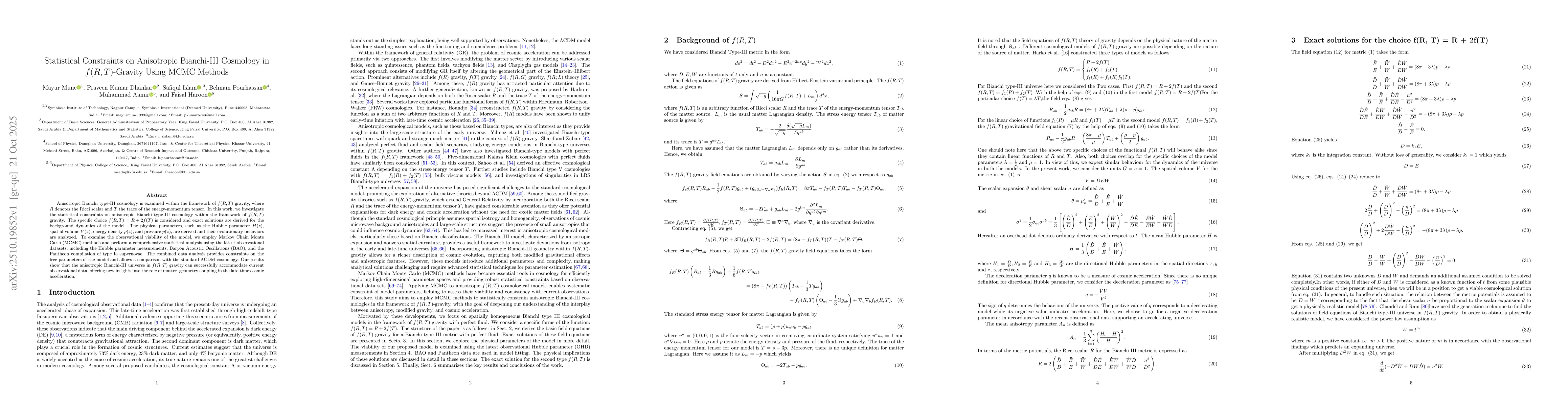 Thumbnail for Statistical Constraints on Anisotropic Bianchi-III Cosmology in
  $f(R,T)$-Gravity Using MCMC Methods