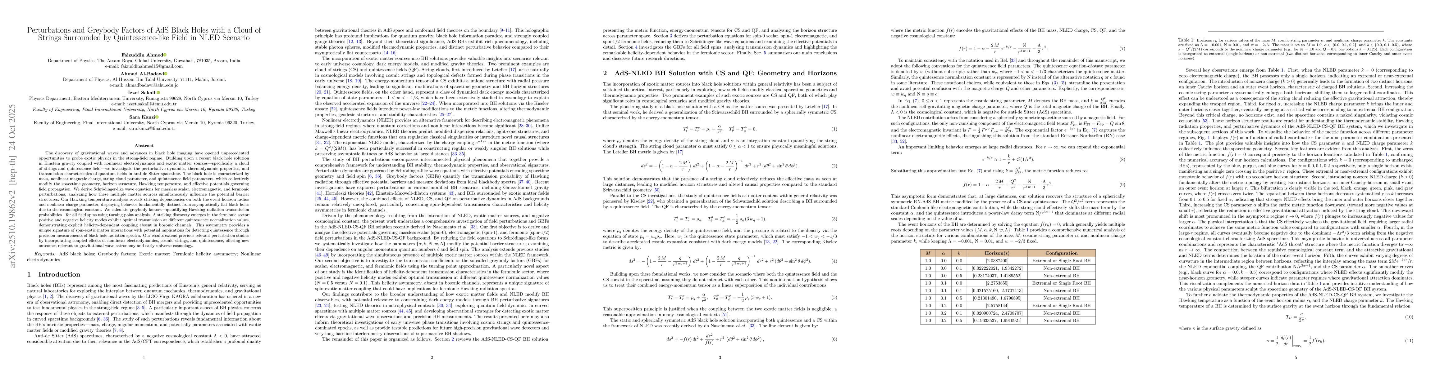 Thumbnail for Perturbations and Greybody Factors of AdS Black Holes with a Cloud of
  Strings Surrounded by Quintessence-like Field in NLED Scenario