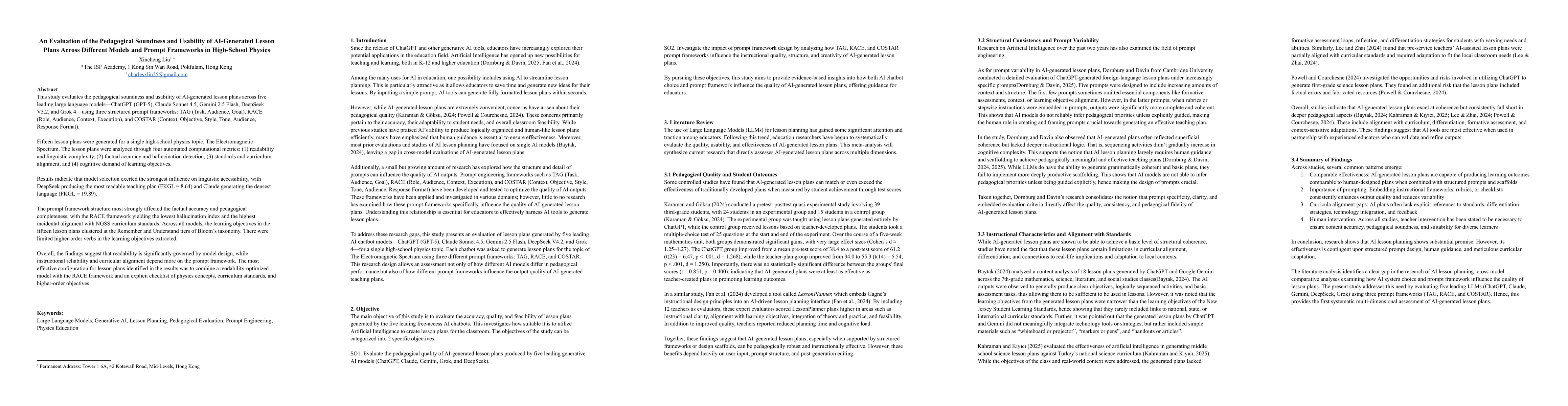 Thumbnail for An Evaluation of the Pedagogical Soundness and Usability of AI-Generated
  Lesson Plans Across Different Models and Prompt Frameworks in High-School
  Physics