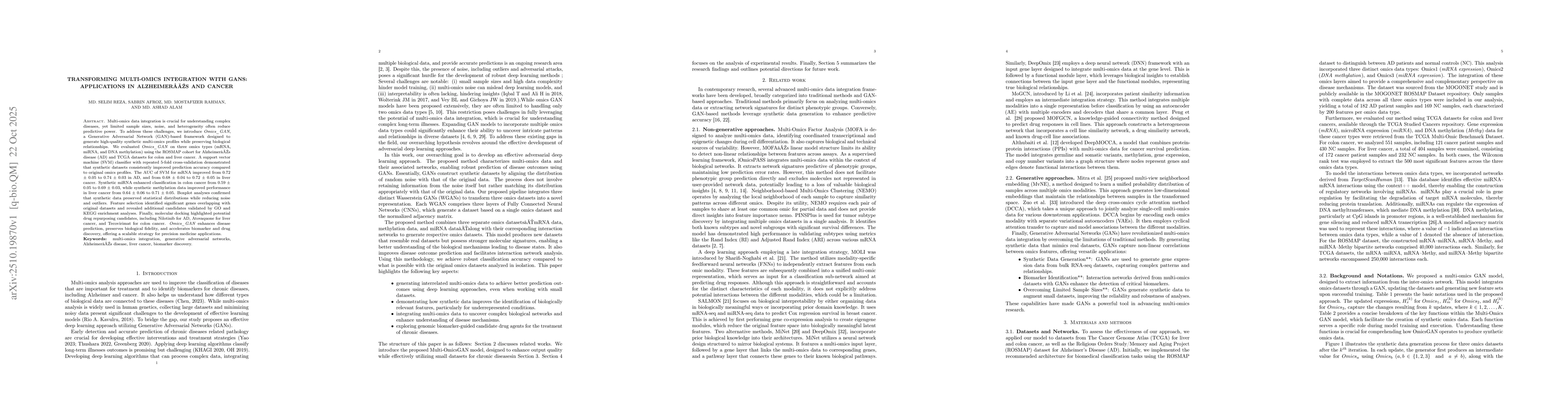 Thumbnail for Transforming Multi-Omics Integration with GANs: Applications in
  Alzheimer's and Cancer