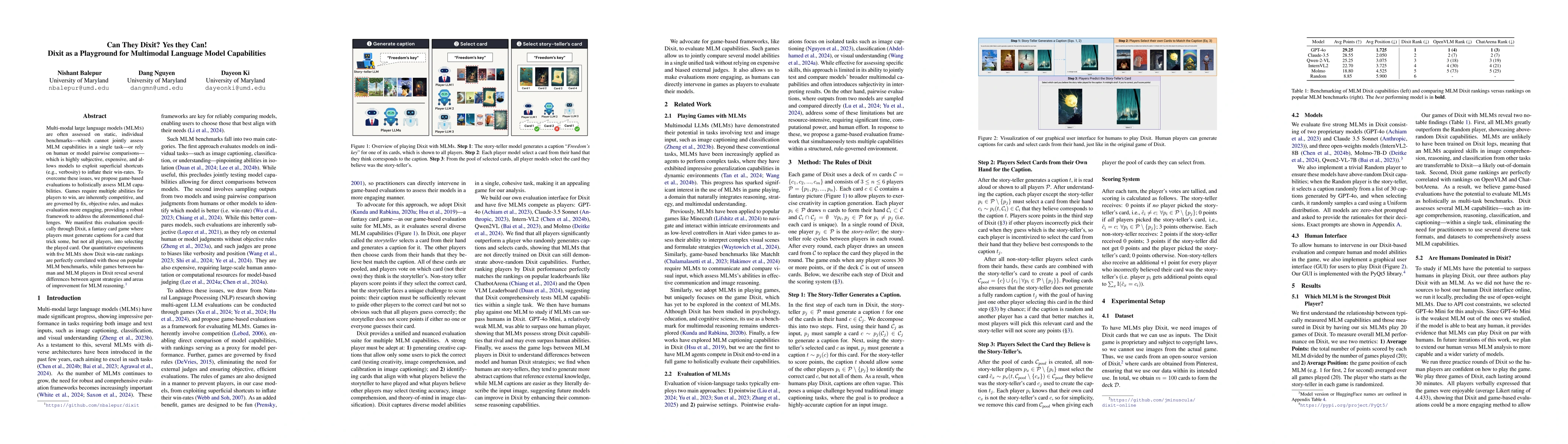 Thumbnail for Can They Dixit? Yes they Can! Dixit as a Playground for Multimodal
  Language Model Capabilities