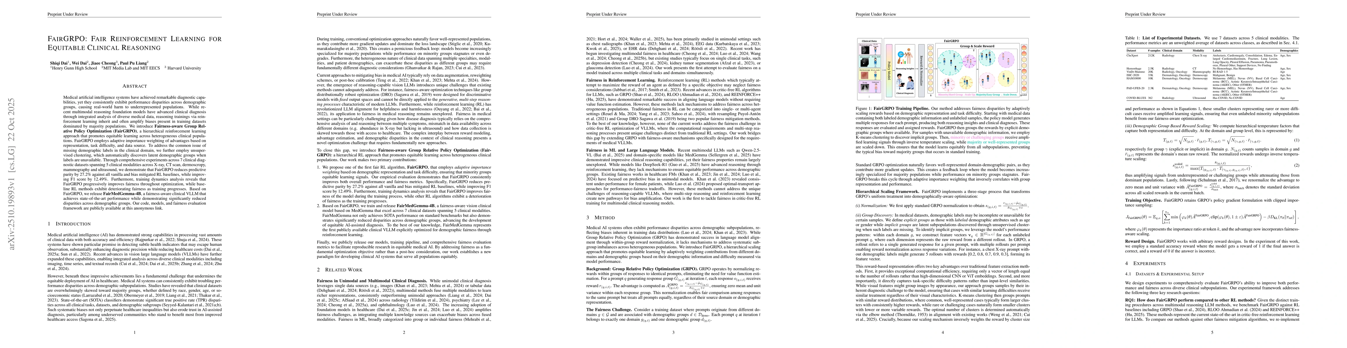 Thumbnail for FairGRPO: Fair Reinforcement Learning for Equitable Clinical Reasoning