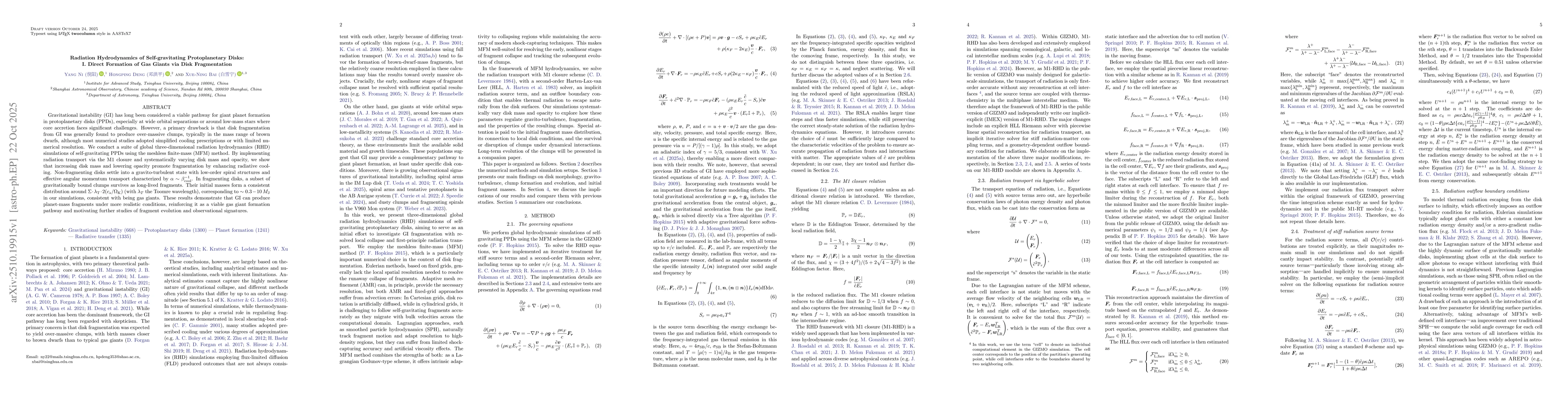 Thumbnail for Radiation Hydrodynamics of Self-gravitating Protoplanetary Disks: I.
  Direct Formation of Gas Giants via Disk Fragmentation