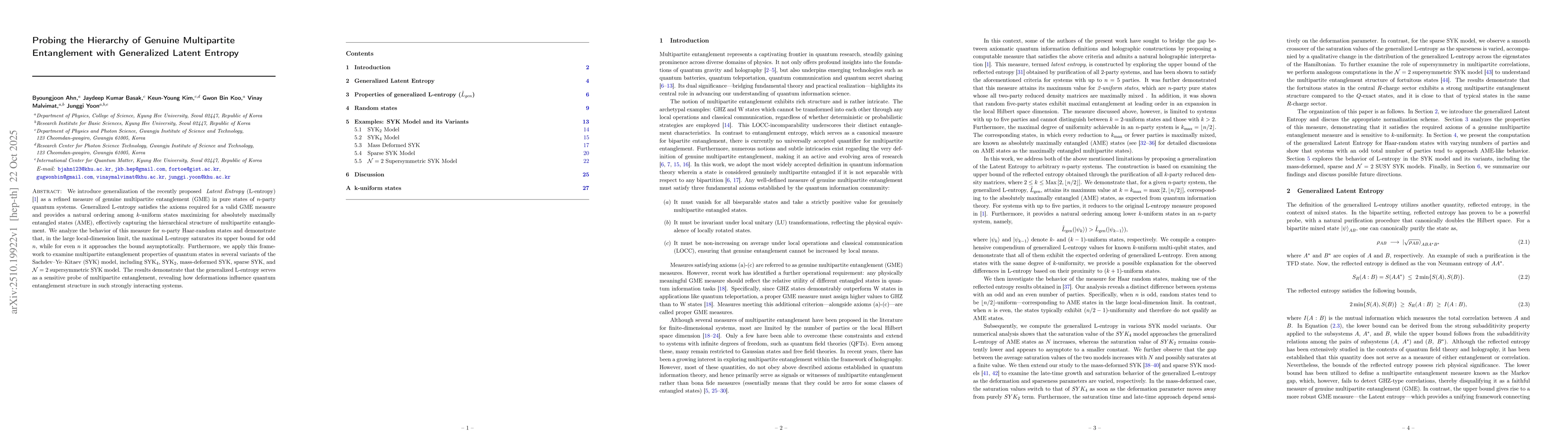 Thumbnail for Probing the Hierarchy of Genuine Multipartite Entanglement with
  Generalized Latent Entropy