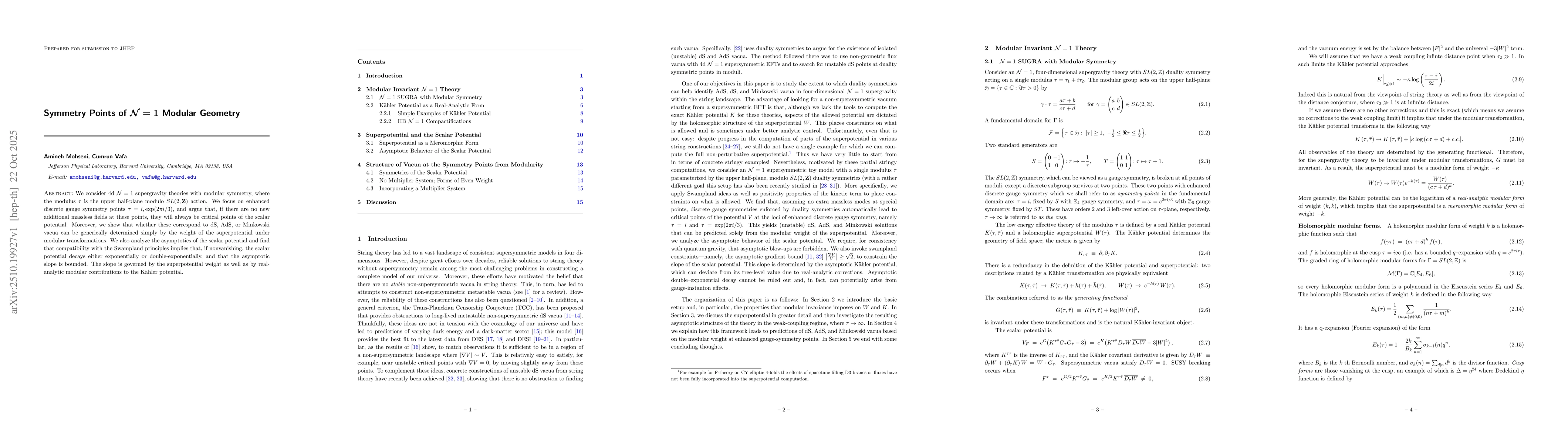 Thumbnail for Symmetry Points of $\mathcal{N}=1$ Modular Geometry