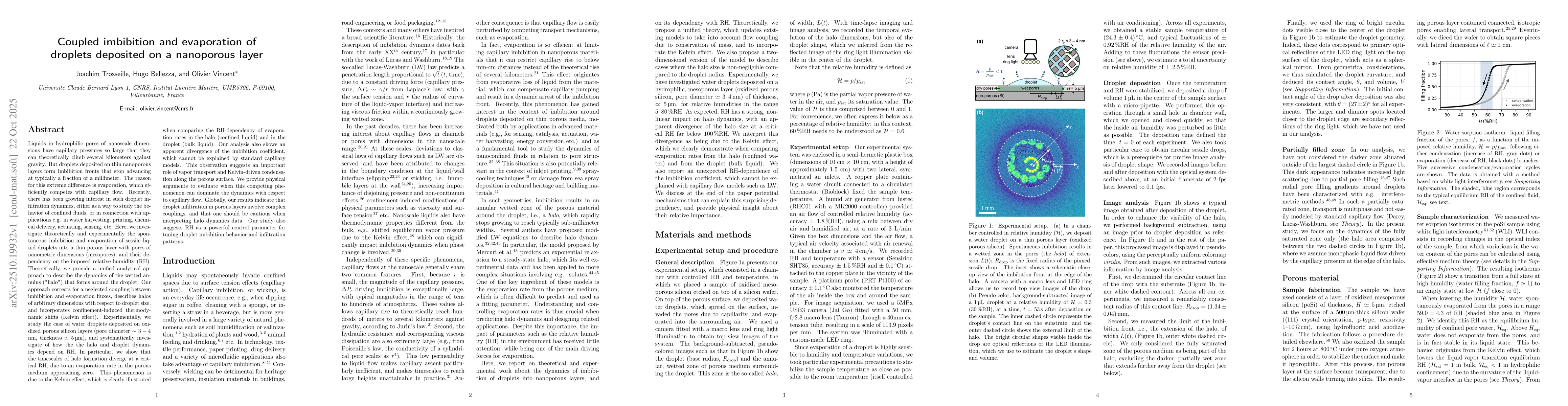 Thumbnail for Coupled imbibition and evaporation of droplets deposited on a nanoporous
  layer