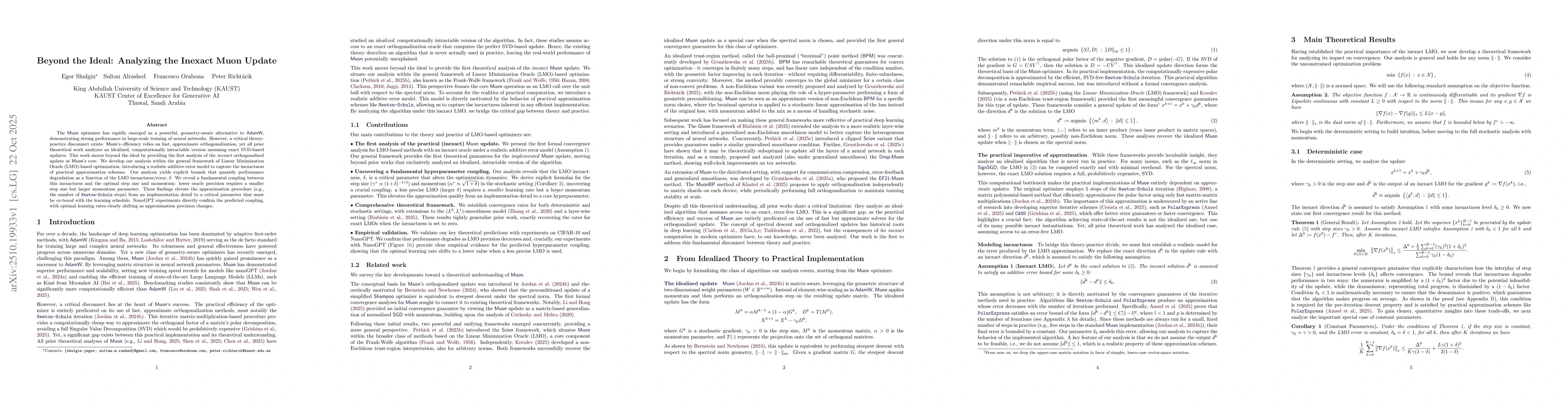 Thumbnail for Beyond the Ideal: Analyzing the Inexact Muon Update