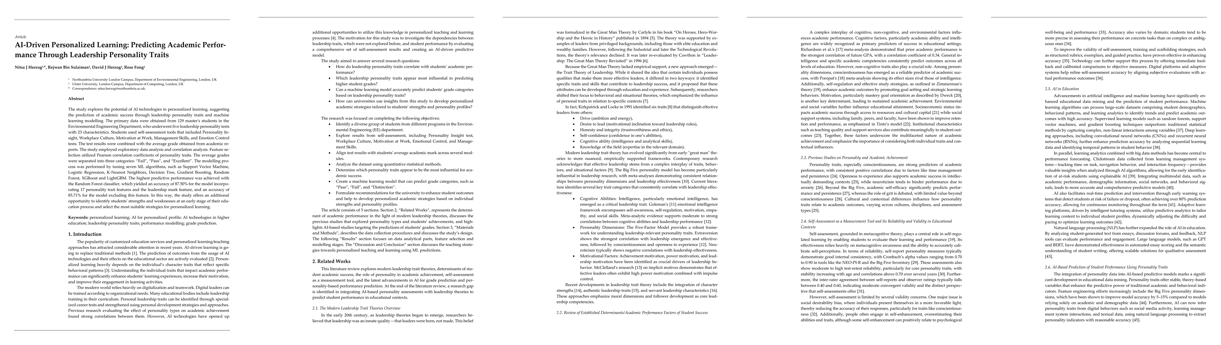 Thumbnail for AI-Driven Personalized Learning: Predicting Academic Per-formance
  Through Leadership Personality Traits