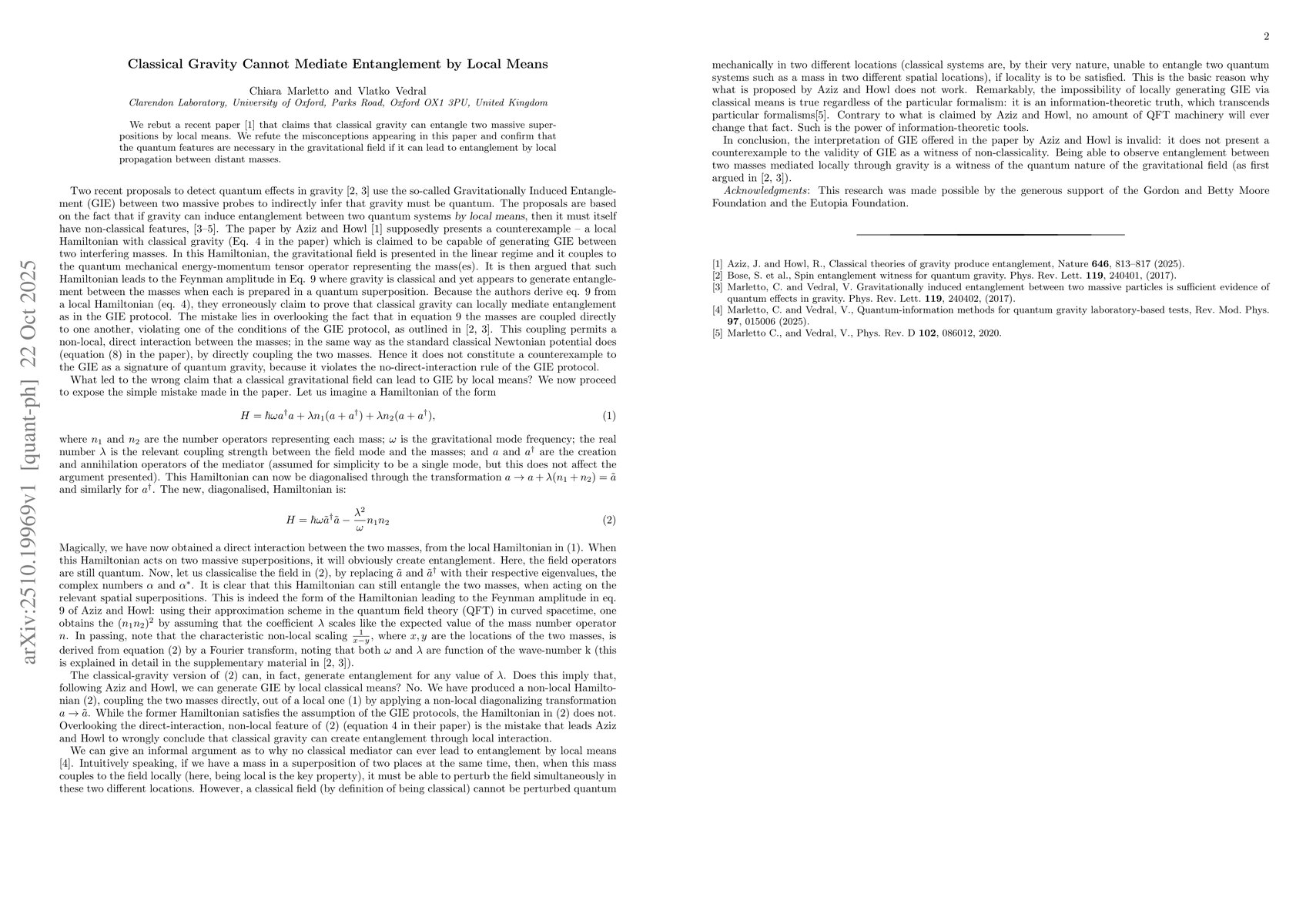 Thumbnail for Classical Gravity Cannot Mediate Entanglement by Local Means