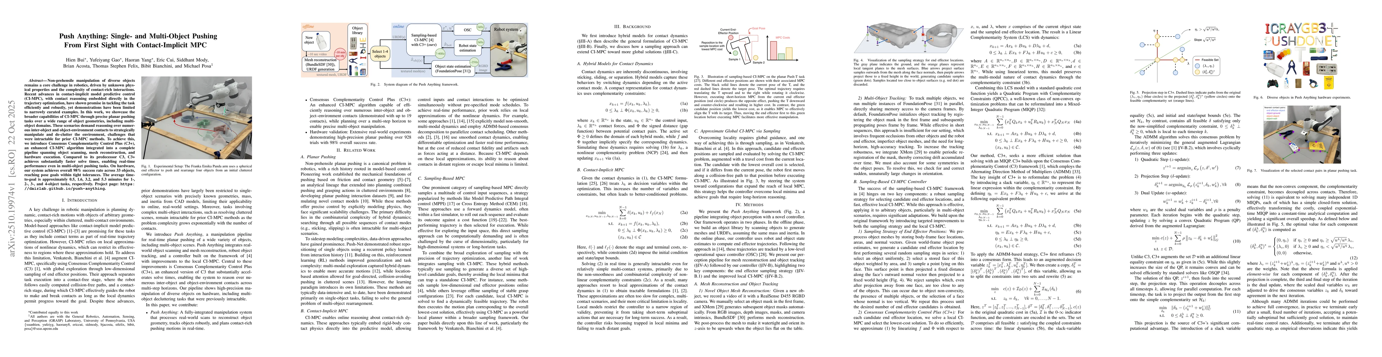 Thumbnail for Push Anything: Single- and Multi-Object Pushing From First Sight with
  Contact-Implicit MPC
