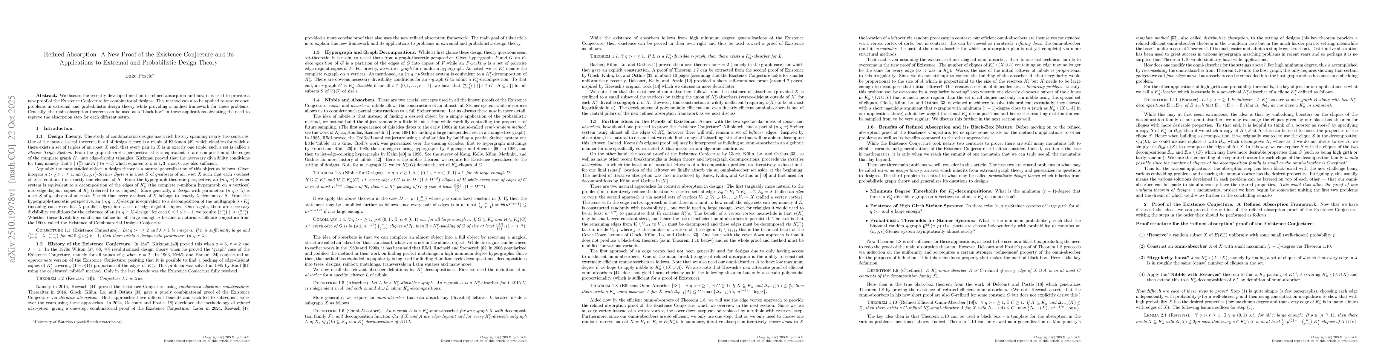 Thumbnail for Refined Absorption: A New Proof of the Existence Conjecture and its
  Applications to Extremal and Probabilistic Design Theory