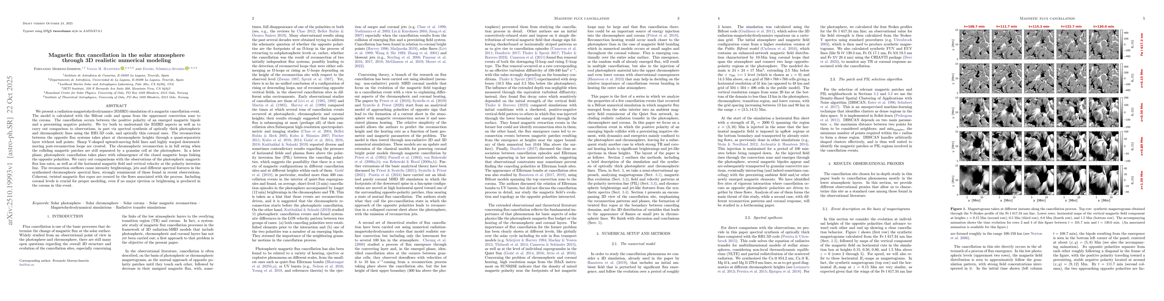 Thumbnail for Magnetic flux cancellation in the solar atmosphere through 3D realistic
  numerical modeling