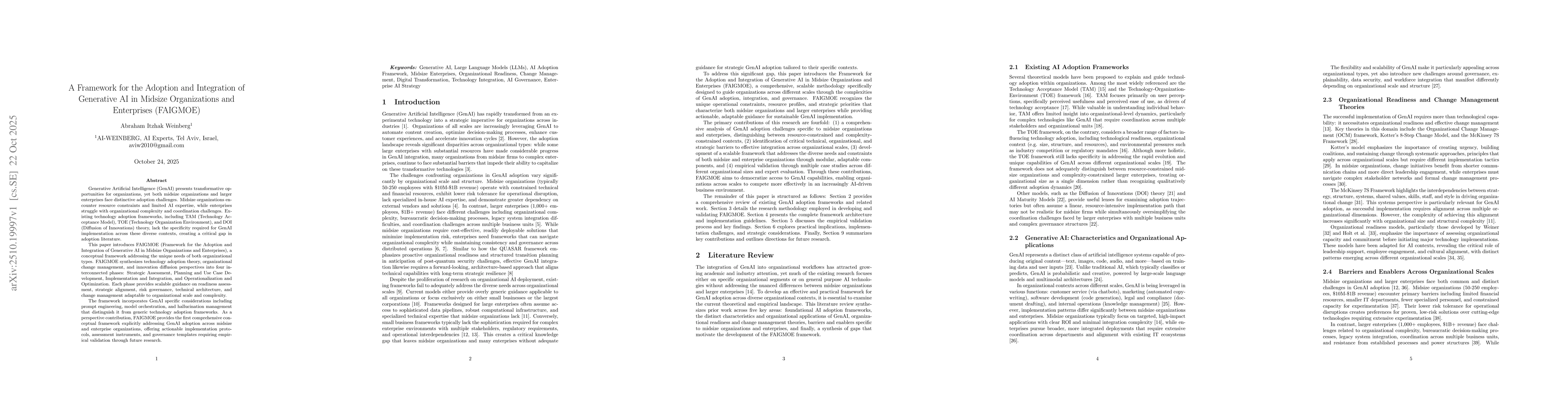 Thumbnail for A Framework for the Adoption and Integration of Generative AI in Midsize
  Organizations and Enterprises (FAIGMOE)