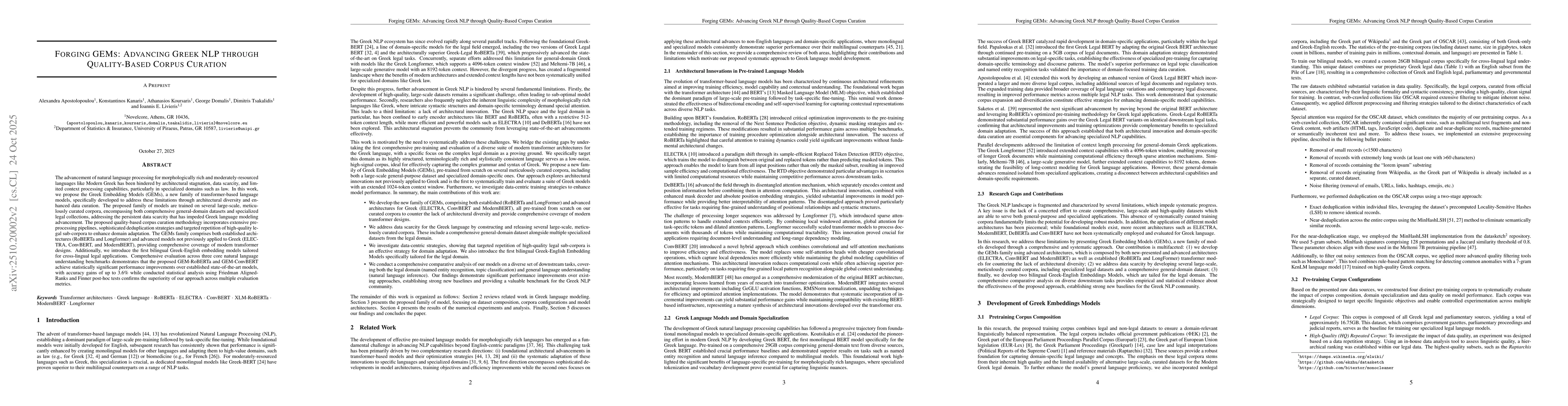 Thumbnail for Forging GEMs: Advancing Greek NLP through Quality-Based Corpus Curation
  and Specialized Pre-training