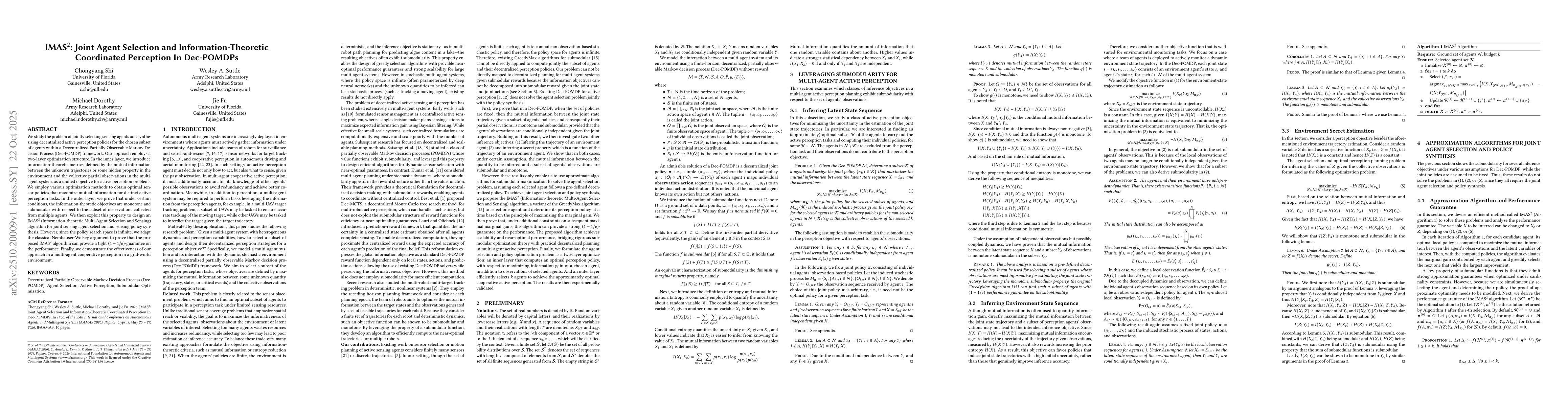 Thumbnail for IMAS$^2$: Joint Agent Selection and Information-Theoretic Coordinated
  Perception In Dec-POMDPs