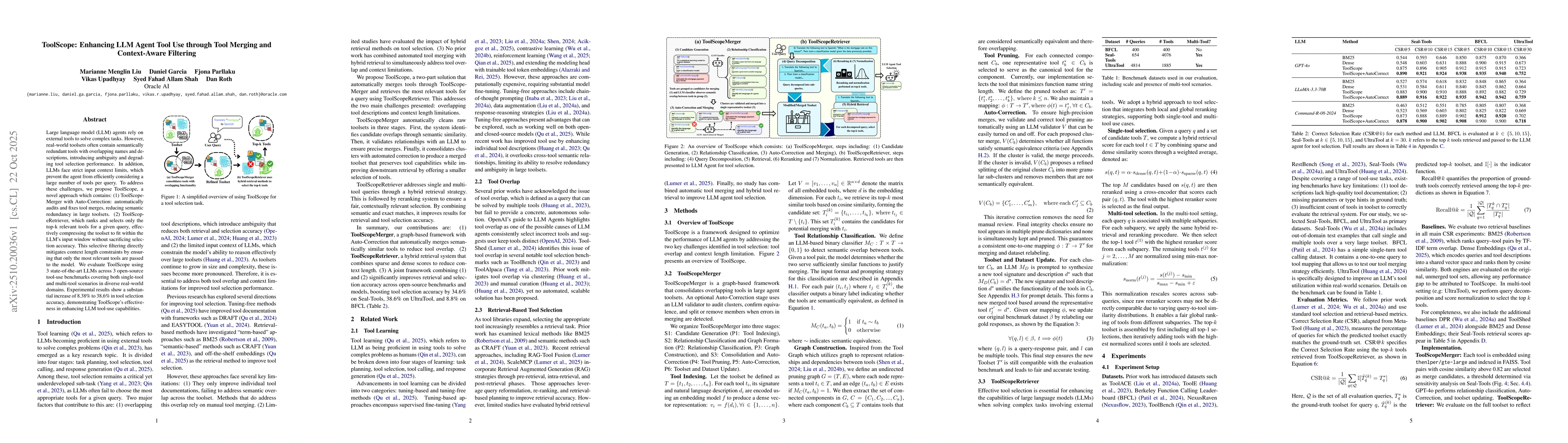 Thumbnail for ToolScope: Enhancing LLM Agent Tool Use through Tool Merging and
  Context-Aware Filtering