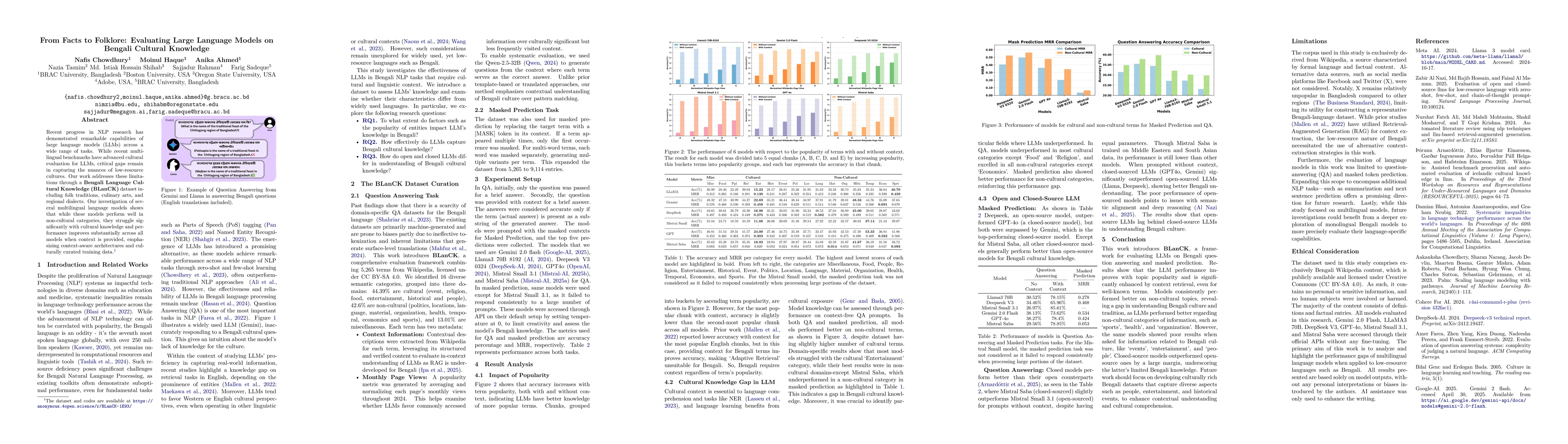 Thumbnail for From Facts to Folklore: Evaluating Large Language Models on Bengali
  Cultural Knowledge