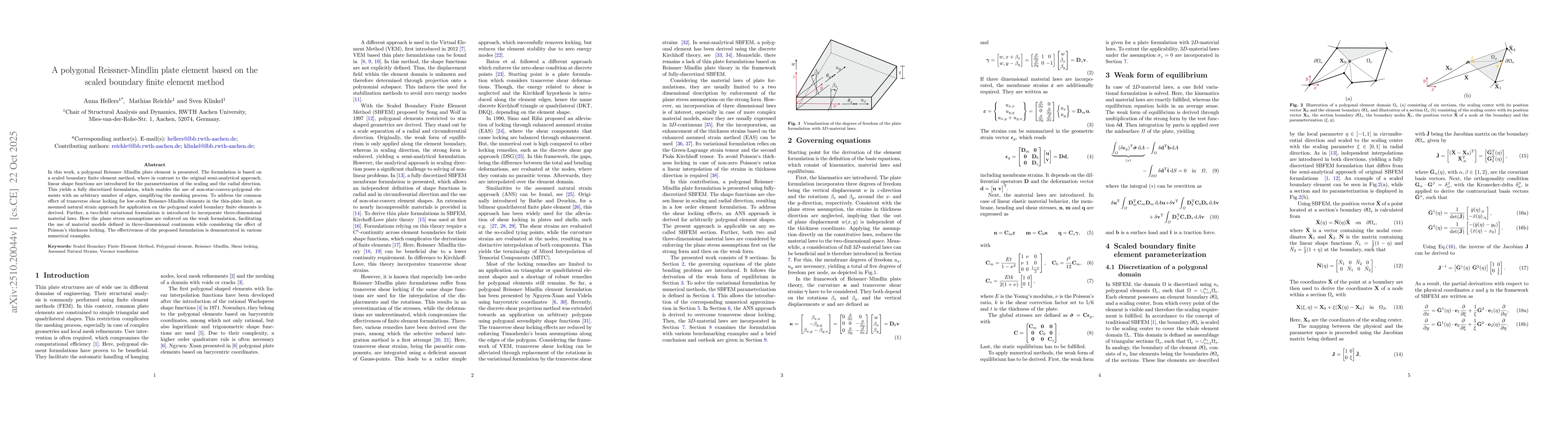 Thumbnail for A polygonal Reissner-Mindlin plate element based on the scaled boundary
  finite element method