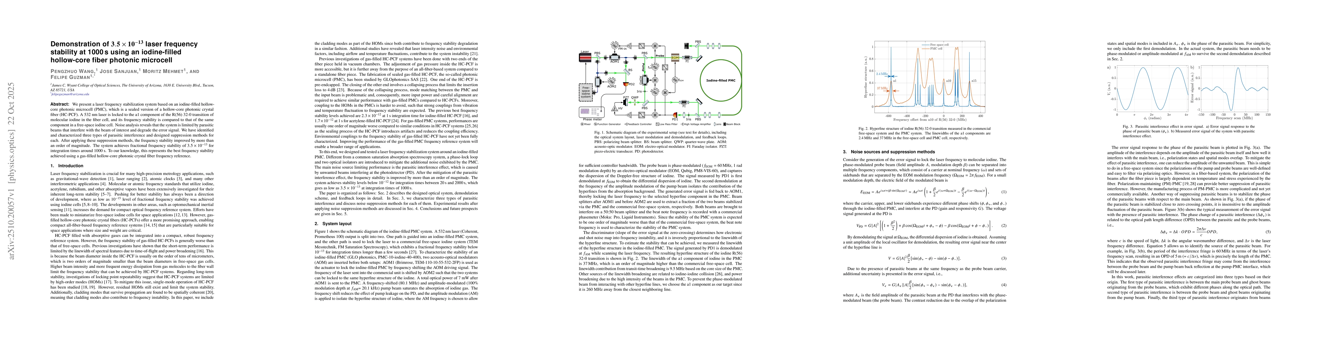 Thumbnail for Demonstration of $\bf3.5\times10^{-13}$ laser frequency stability at
  1000 s using an iodine-filled hollow-core fiber photonic microcell
