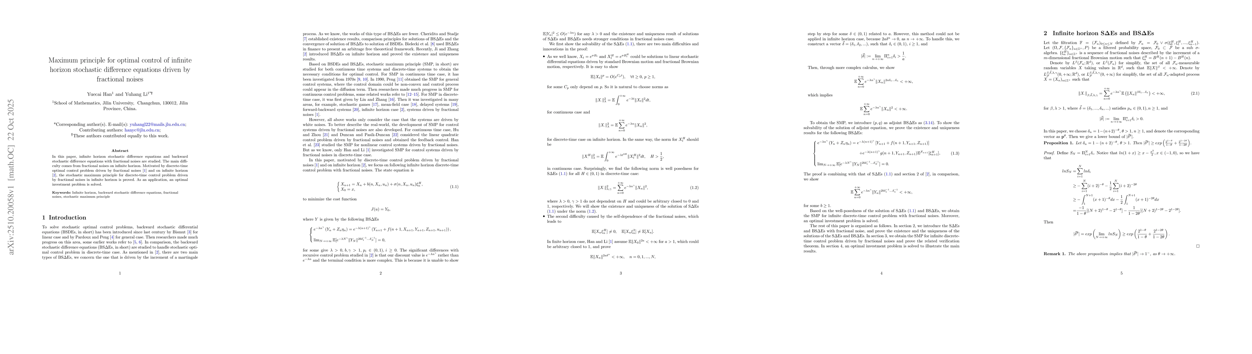 Thumbnail for Maximum principle for optimal control of infinite horizon stochastic
  difference equations driven by fractional noises