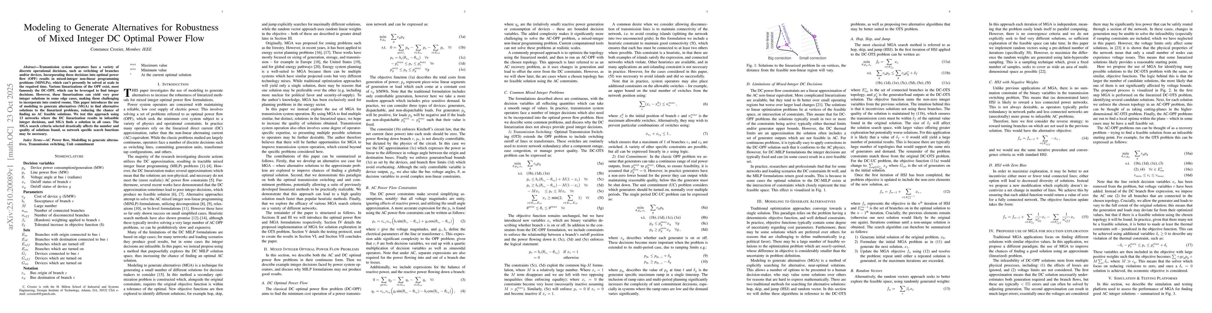 Thumbnail for Modeling to Generate Alternatives for Robustness of Mixed Integer DC
  Optimal Power Flow