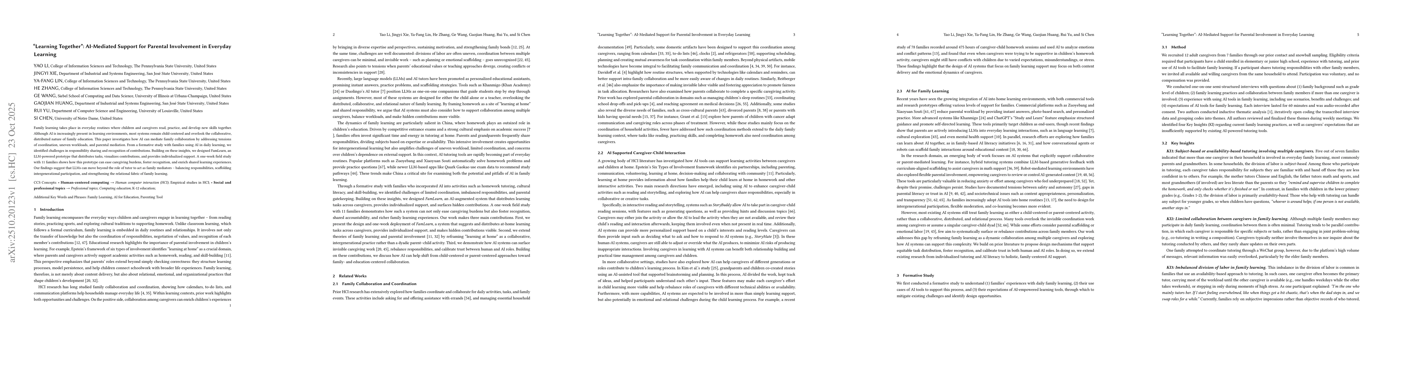 Thumbnail for "Learning Together": AI-Mediated Support for Parental Involvement in
  Everyday Learning